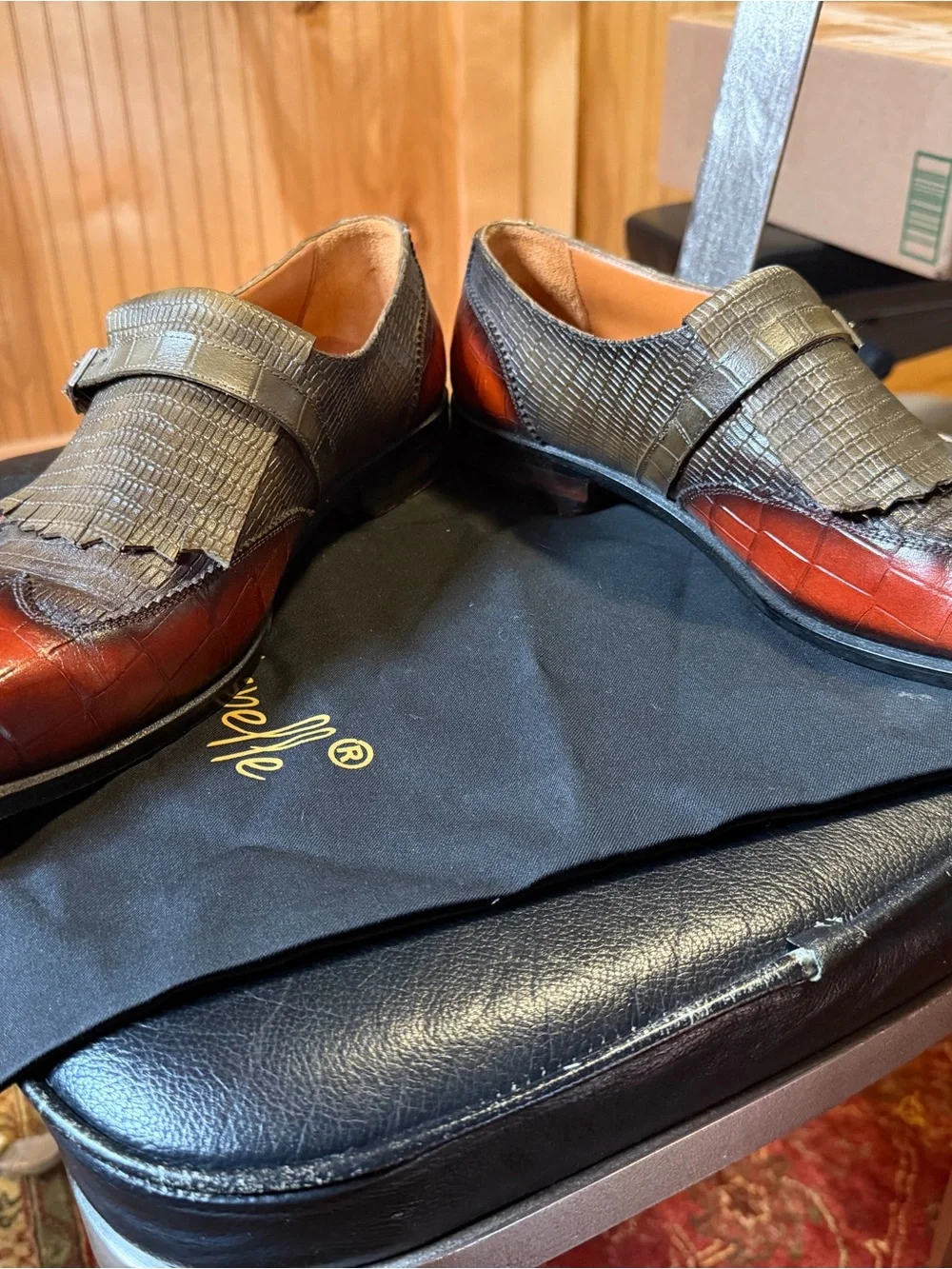 Men's Orange & Green Crocodile Print Calf Kiltie Monkstrap Slip-On Loafers